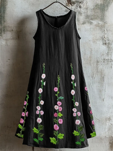 Elegante Vestido Negro sin Mangas de Lino con Delicado Bordado Floral, Tela de Lino Suave y Transpirable, Estilo Bohemio - Product Image 3