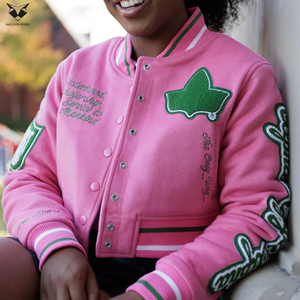 2026 Hot Sale New Arrival Pink Green Embroidery Full Sleeve Turn-down Collar Short Length Autumn Wear For Women Varsity <b>Jackets</b> - Product Image 6