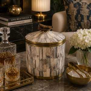 Seau à glace de luxe artisanal avec couvercle en os incrusté, en acier inoxydable écologique, motif floral moderne, portable, pour bar, fête et maison - Product Image 5