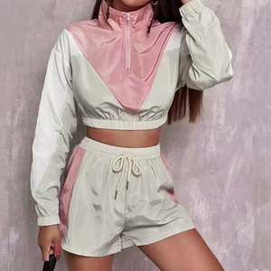 Women's Color Sporty 2 Piece Shorts Full Sleeve Stand Collar Zipper Breathable Polyester Spring Summer Casual Wear Shorts <b>Set</b> - Product Image 1