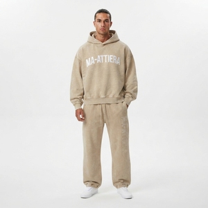 Ensemble survêtement streetwear en coton beige surdimensionné avec sweat à capuche et pantalon large – OEM ODM Vente en gros - Product Image 1