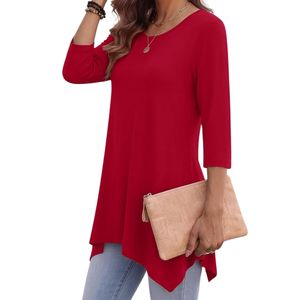 Tunique rouge unie en rayonne pour femme grande taille, col rond, coupe fluide, ourlet asymétrique, respirante, style bohème, pour le quotidien - Product Image 3