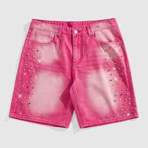 Pantalones Cortos de Mezclilla Rectos Casuales para Hombre, Hechos a Medida, Estilo Vintage, con Cierre, Dobladillo sin Rematar, Tela de Algodón Transpirable de Secado Rápido, con Pedrería, para Verano - Product Image 2