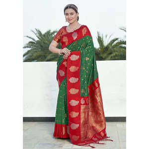 Elite Weaves Hippie Green Soft Silk Saree with Zari Woven Contrast <b>Indian</b> & <b>Pakistani</b> <b>Clothing</b> - Product Image 1