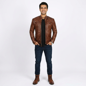 Men's Autumn Coated Leather Varsity <b>Jacket</b> with Stand Collar Hooded <b>Slim</b> <b>Fit</b> Breathable - Product Image 4