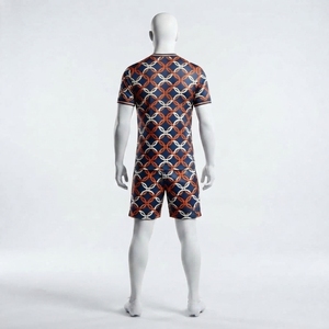 Ensemble d'uniformes de football personnalisés à motif géométrique bleu marine, orange et blanc, respirant, maillot de football à manches courtes et short - Product Image 4