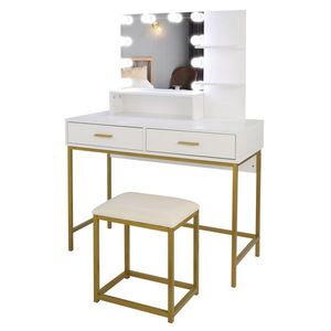 FCH Large <b>Makeup</b> <b>Vanity</b> Set with 10 LED Bulbs Cushioned Stool 3 Storage Shelves 2 Drawers Dressing Table and Dresser - Product Image 4