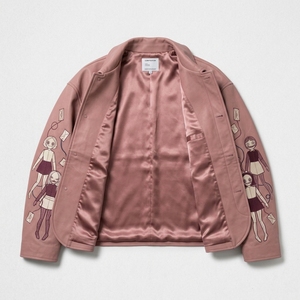 Dusty <b>Pink</b> Cute Doll Envelope Embroidery Lapel Collar Mens Casual Canvas <b>Jacket</b> Scalloped Hem Workwear Outerwear - Product Image 5