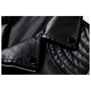 Blouson moto homme en cuir PU noir, coupe ajustée, fermeture éclair sur le devant, col montant, coupe-vent, vêtement d'extérieur pour l'automne - Product Image 4