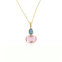 Collar de cadena de latón chapado en oro de 18k con colgante de piedras preciosas de cuarzo azul de Londres y cuarzo rosa, joyería de doble piedra de gran venta.
