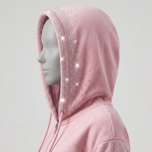 Custom <b>Pink</b> Ruched Sleeves With Rhinestone Tracksuit Cropped Zip Up <b>Hoodie</b> Cargo Jogger Pant Two Piece Sweatsuit Women Outfit - Product Image 5