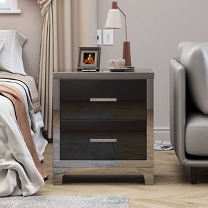 Mesita de Noche Moderna con Acabado Brillante y Espejo, con 2 Cajones y Tiradores de Madera y Metal - Product Image 3