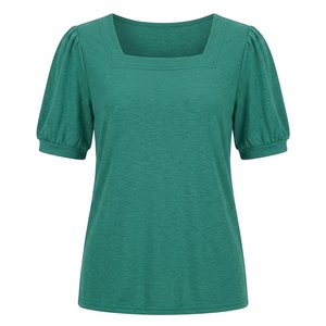 T-shirt décontracté pour femme, couleur unie, en polyester, col rond, manches courtes froncées papillon, anti-boulochage, tricoté – Meilleure vente - Product Image 3