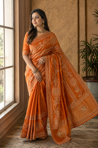 Sari en soie Bandhani orange avec bordure ornée de miroirs, élégant vêtement indien pour mariage, sari de créateur pour femmes, vente en gros - Product Image 2