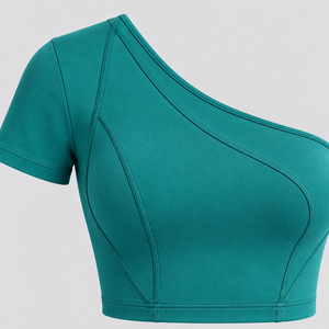 Ensemble asymétrique haut court à une épaule et leggings taille haute pour femme, tenue de yoga et de sport tendance, personnalisable OEM - Product Image 4