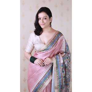 Sari de Noche de Seda Tussar con Estampado Tradicional Madhubani de Elite Weaves, con Borde Tejido con Zari, Color Melocotón Empolvado, Sin Arrugas, 450g - Product Image 2