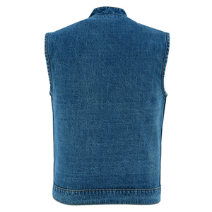 Gilet en jean bleu vintage sans manches pour homme, col montant, double poche poitrine, veste en jean délavée, logo personnalisé, streetwear, gilet en jean OEM - Product Image 4