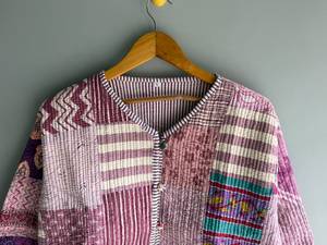 Vintage Patchwork Quilted Jacket Cotton Handmade Embroidery V Neck Loose Fit Autumn Wear Unisex gift for her - Product Image 4