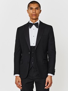 Costume de smoking noir 3 pièces pour homme en laine, simple boutonnage, col cranté, avec gilet et nœud papillon – Tenue de cérémonie - Product Image 1