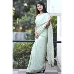 Chal de Diseñador con Bordado de Hilo y Trabajo con Espejos Reales para Saree - Product Image 3