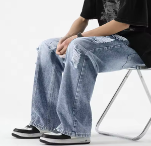 Pantalones casuales de hombre de verano, vaqueros rasgados de pierna recta holgada, estilo retro con cordón, de marca de moda, que combinan con todo - Product Image 6