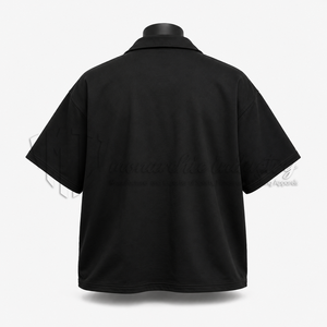 เสื้อเชิ้ตแขนสั้นสีดำสำหรับผู้ชายพร้อมงานปักลายดอกไม้สีขาวแบบลำลองคอปกพับได้สำหรับฤดูร้อน - Product Image 2