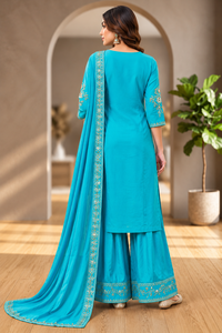 Ensemble 3 pièces en satin de soie 100% bleu ciel uni pour femme, Kurta, Palazzo et Dupatta, manches trois-quarts, brodé, ethnique - Product Image 5