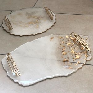 Luxury <b>Epoxy</b> Resin Serving Tray With Gold Metal Handles Custom Irregular Agate Geode Platter Decorative Dessert <b>Coffee</b> Serving - Product Image 5