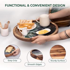 Tabla de cortar y servir de madera de mango con asa de fácil agarre – Tabla de cortar redonda de madera esmaltada con estampado de limón de 13x16 pulgadas. - Product Image 3