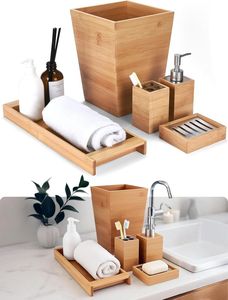 Juego de tocador de baño de teca artesanal de seis piezas, diseño minimalista rectangular, dispensador de jabón, juego de vasos para decoración de baño - Product Image 5