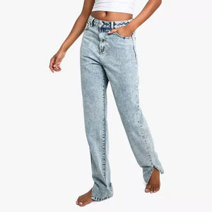 Pantalones vaqueros de mezclilla para mujer, personalizados para la temporada de otoño, con detalles de costuras en lavado oscuro, venta al por mayor, con dobladillo elástico y bolsillos tipo cargo - Product Image 3