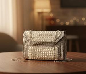 Handcrafted Pearl-<b>Embellished</b> <b>Clutch</b> | Intricately Beaded Design purse bag Perfect for Weddings Parties Bridal Events Occasions - Product Image 2