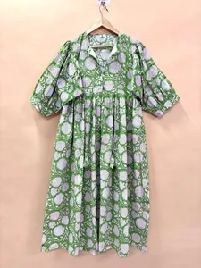 Vintage Green Floral Block Print Cotton Midi <b>Dress</b> with Puff Sleeves Tie-Neck <b>Loose</b> Fit Casual Summer <b>Dress</b> For Women - Product Image 1