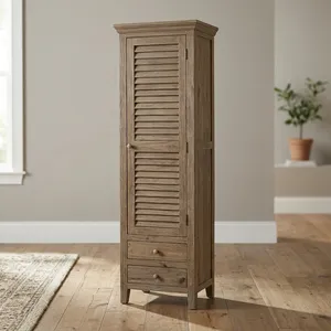 Armoire haute en bois massif avec portes à persiennes et 2 tiroirs, meuble de chambre rustique - Product Image 5