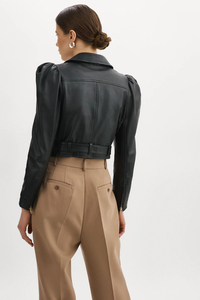 Women Black Cropped <b>Biker</b> <b>Jacket</b> Puff Shoulder Fashion Zipper Motorcycle <b>Jacket</b> - Product Image 2