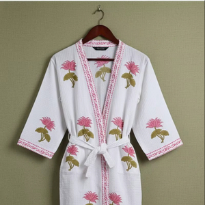 Unisex Organic Cotton <b>Waffle</b> Robe Hand <b>Block</b> Floral Printed Breathable Bridesmaid Bathrobe for Men and Women Sleepwear Kimono - Product Image 1