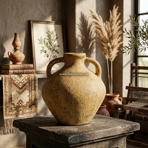 Vase en terre cuite rustique jaune <span class=keywords><strong>Lela</strong></span> avec poignée, perles décoratives, pot en argile artisanal, urne décorative en céramique pour table - Product Image 5