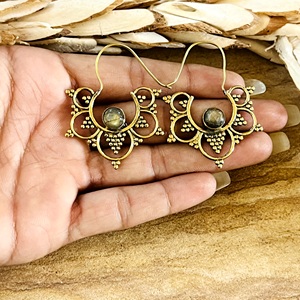 Pendientes de Aro Étnicos con Diseño Floral Tribal, Labradorita, Latón, Acabado en Latón Antiguo, Joyería Boho para Mujer, Venta al Por Mayor/OEM - Product Image 2