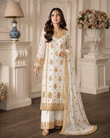 Ensemble Kameez en Faux Georgette Lourd Brodé de Paillettes avec Pantalon Salwar Doublé et Dupatta en Filet Moti pour Femme QO 1034