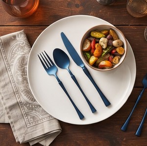 Ensemble de couverts de luxe 4 pièces bleu mat, couteau, fourchette, cuillère, acier inoxydable, vaisselle moderne pour la salle à manger à domicile - Product Image 5