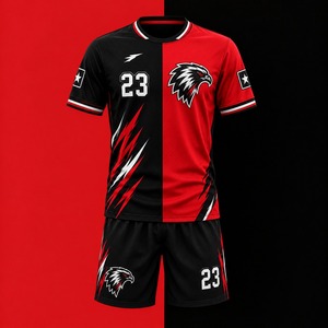 Camiseta de Fútbol Personalizada Roja y Negra, Cuello en V, Manga Corta, Poliéster/Algodón, Estampada, Unisex, para Adultos - Product Image 1