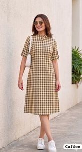 Última Colección de Verano, Vestido Midi con Estampado a Cuadros, Manga Corta, Corte en A, Informal, para Oficina y Uso Diario, para Mujer, Ajuste Cómodo - Product Image 3