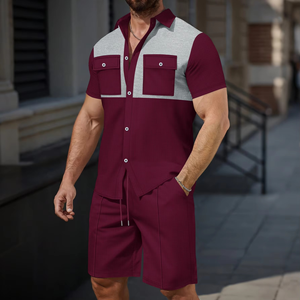 Men Color <b>Blocked</b> Short Sleeve Shirt With Double Pockets And Matching Shorts Casual Summer Two Piece Set <b>Waffle</b> Knit Breathable - Product Image 5