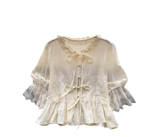 Blusa de Lino Crema para Mujer con Cuello con Volantes, Mangas Abullonadas, Capa Transparente, Estilo Dulce, Primavera Verano, Corte Holgado - Product Image 4