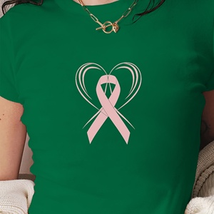 T-shirt court en tricot à col rond imprimé Y2K pour femmes, rose, avec rubans, pour la sensibilisation au cancer du sein, coupe ajustée, en spandex/polyester - Product Image 3