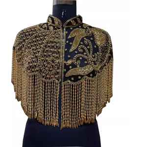 Cape Top Personnalisée avec Broderie à la Main Lourde et Pompon Doré |   Veste de mariée ornée de paillettes et de perles pour mariage et défilé de mode - Product Image 1