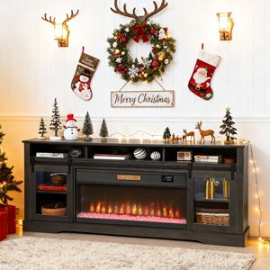 Meuble TV électrique personnalisable pour téléviseurs de 80 pouces, console en bois MDF avec rangement ouvert et armoires latérales, gris - Product Image 2
