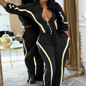 Women’s 2 Piece Tracksuit Set Stripe Patchwork Zip Lapel Crop Jacket Drawstring <b>Pants</b> Casual Sporty Matching Outfit - Product Image 1