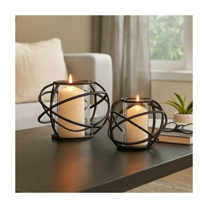 Juego de Portavelas de Cristal con Esfera de Alambre Metálico Negro Geométrico Moderno, Jaula de Hierro Redonda Abstracta Contemporánea para Velas de Pilar - Product Image 3
