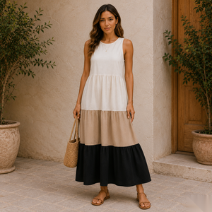 Vestido Midi sin Mangas con Cuello Redondo, de Fibra de Algodón, con Capas, Corte Holgado, Informal, para Verano, Color Sólido, Cintura Natural - Product Image 1